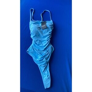 Qinsen Blue Ruched One Piece Swimsuit Size XL New With Tags High Cut XL